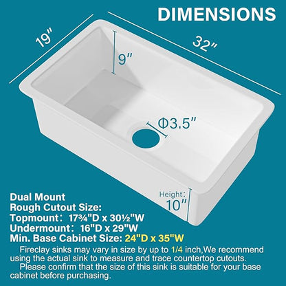 Undermount Kitchen Sink White 32 x 19 Inch, Fireclay Topmount Sink Drop In Single Bowl, with Custom Accessory 2 Types, Dual Mount, for Kitchen, Pure White