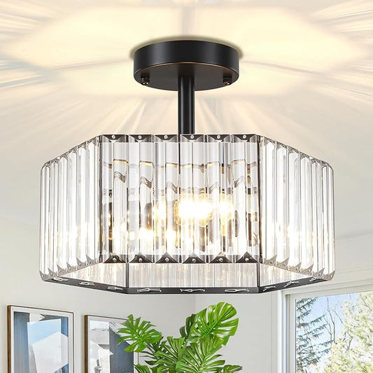 TOULMJ Modern Black Semi Flush Mount Ceiling Light, 3-Light Crystal Entryway Light Fixture Close to Ceiling Kitchen Lighting, Hallway Light Fixtures Flush Mount Chandelier for Bathroom Bedroom Foyer