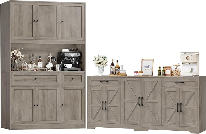 BOTLOG 2PCS Kitchen Cabinets, 71” Large Sideboard Buffet Cabinet with Storage, 72" Tall Pantry Cabinet with Microwave Stand, Wood Coffee Wine Bar Console Table for Kitchen, Dining Room (Ash Gray)