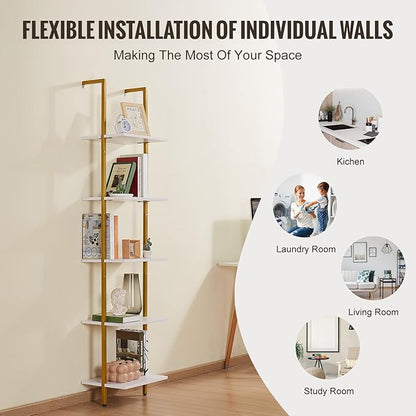 VEVOR Ladder Shelf, 5-Tier Bookshelf 15.6x11.8in, Open Wall-Mounted Ladder Shelf with Metal Frame,Storage Rack Sundries Holder for Kitchen Bedroom Bathroom Living Room, Gold White