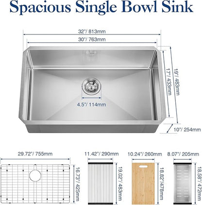 32 inch Kitchen Sink Undermount Stainless Steel Workstation 32x19x10 inch 16 Gauge Under Counter Kitchen Sinks Basin with Accessories Single Bowl Kitchen Sink