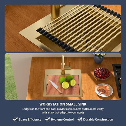 15 Outdoor Kitchen Sink with Faucet- Beslend Gold Drop In Outdoor Bar Sink with Pull-Out Faucet and Cover, 16 Gauge Stainless Steel Kitchen Sinks Workstation Single Bowl Above Counter Indoor Outdoor