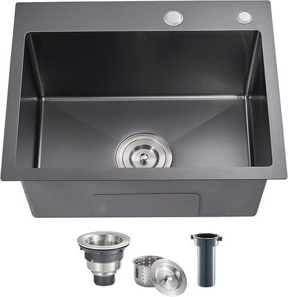 POPFLY 20 Inch Kitchen Sink, 18 Gauge 304 Stainless Steel Single Bowl Drop In Black Bar Deep Small Sink, Modern Top mount Kitchen Prep Sink with Drain Strainer