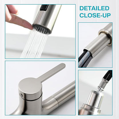 Kitchen Faucet, Brushed Nickel Kitchen Faucet with Pull Down Sprayer, High Arc Single Handle Stainless Steel Kitchen Sink Faucet 1 or 3 Hole, Bar Sink Faucet with 3 Modes Power Clean Deck Plate