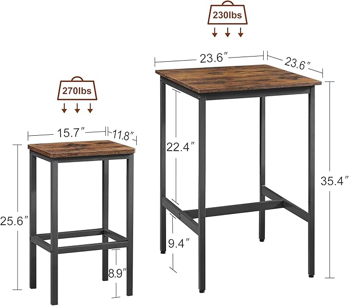 3 PCS Bar Table Set with 2 Stools, Modern Counter Height Table and Chairs Set for Living Room, Small Spaces (Rustic Brown)