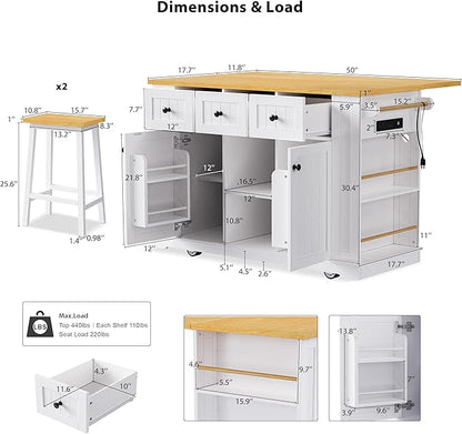 RUNNA Large Kitchen Island with 2 Bar Stools, Power Outlet,Door Internal Storage Rack, Kitchen Storage Cart on 5 Wheels with Drop Leaf, 5 Open Side Racks,3 Drawers, for Kitchen,Dining Room (White@07)