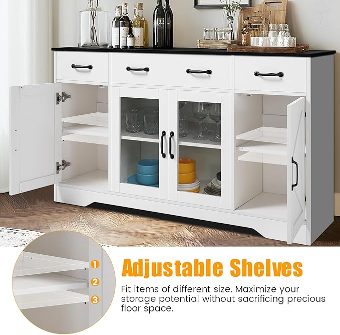 Sideboard Buffet Cabinet with Storage, 55" Large Kitchen Buffet Table with Glass Doors and Shelves, Modern Farmhouse Coffee Bar Cabinet for Kitchen Dining Living Room