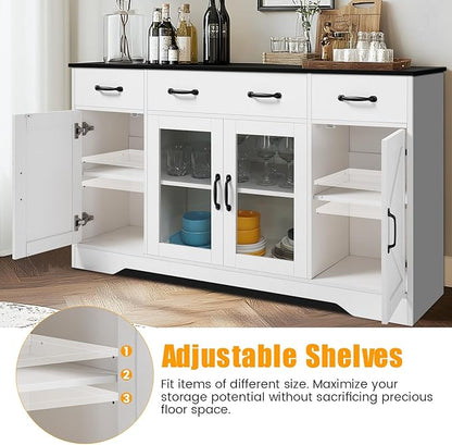 Sideboard Buffet Cabinet with Storage, 55" Large Kitchen Buffet Table with Glass Doors and Shelves, Modern Farmhouse Coffee Bar Cabinet for Kitchen Dining Living Room
