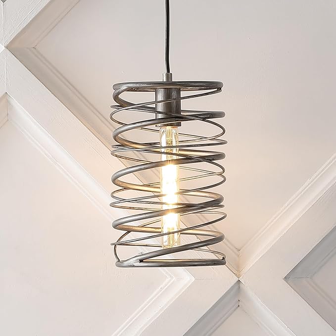 JONATHAN Y 7.25" Antique Silver Modern Iron Spiral LED Pendant Light for Kitchen Island, Glam Hanging Ceiling Fixture for Bedroom Dining Room, Metal Painting Shade, LED Bulb Included (JYL7910C)