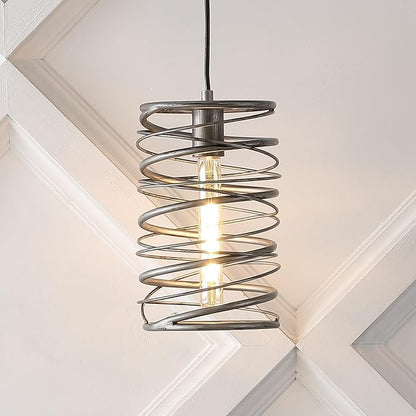 JONATHAN Y 7.25" Antique Silver Modern Iron Spiral LED Pendant Light for Kitchen Island, Glam Hanging Ceiling Fixture for Bedroom Dining Room, Metal Painting Shade, LED Bulb Included (JYL7910C)