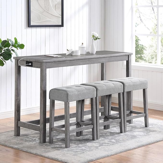 4 Piece Dining Table Set with 3 Stools, Small Kitchen Table Set Kitchen Island Table with Power Outlet, Space Saving Bar Industrial Bar Table and Chairs Set,for Living Dining Game Room,Gray