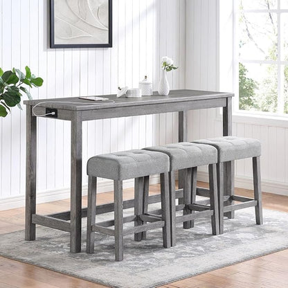 4 Piece Dining Table Set with 3 Stools, Small Kitchen Table Set Kitchen Island Table with Power Outlet, Space Saving Bar Industrial Bar Table and Chairs Set,for Living Dining Game Room,Gray