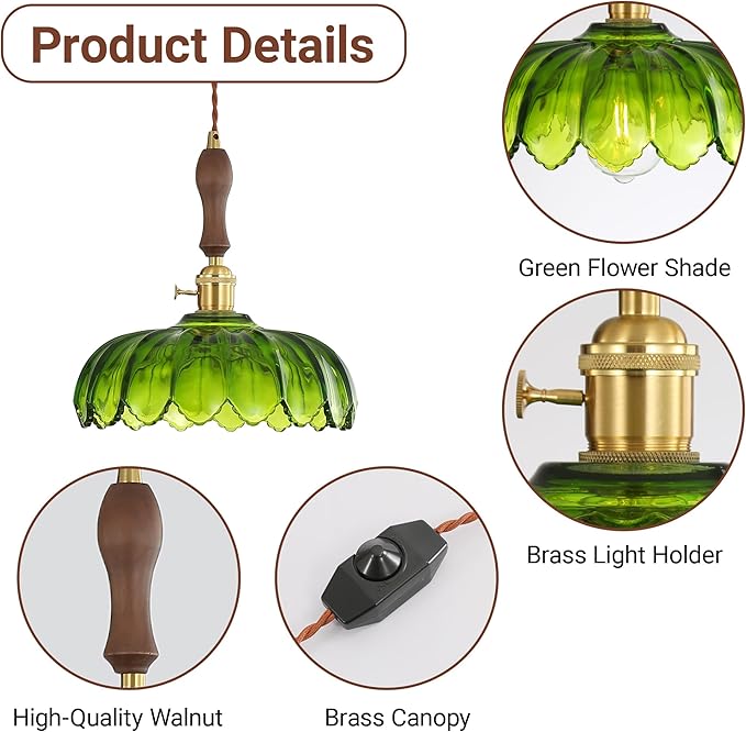 Plug in Pendant Light, Hanging Lights with Plug in Cord, Green Vintage Glass Pendant Light for Kitchen Island, Bedroom, Dining Room, Living Room, 11.5 Ft. Cord, E26 No Bulb