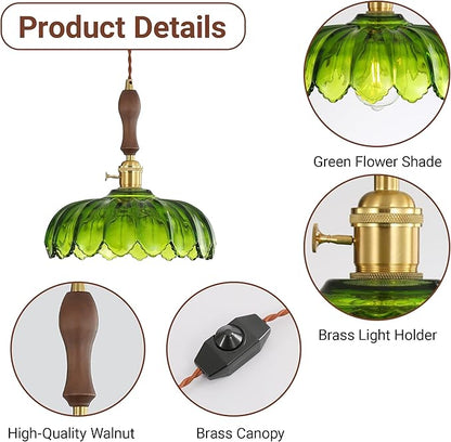 Plug in Pendant Light, Hanging Lights with Plug in Cord, Green Vintage Glass Pendant Light for Kitchen Island, Bedroom, Dining Room, Living Room, 11.5 Ft. Cord, E26 No Bulb