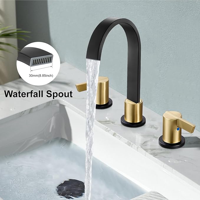 Midanya 8 inch Widespread Bathroom Sink Faucet,Modern Waterfall 3 Hole 2 Handles Bathroom Faucet 8" Vanity Faucets with Pop Up Drain and Water Supply Lines,Matte Black and Brushed Gold Handle