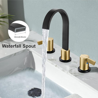 Midanya 8 inch Widespread Bathroom Sink Faucet,Modern Waterfall 3 Hole 2 Handles Bathroom Faucet 8" Vanity Faucets with Pop Up Drain and Water Supply Lines,Matte Black and Brushed Gold Handle