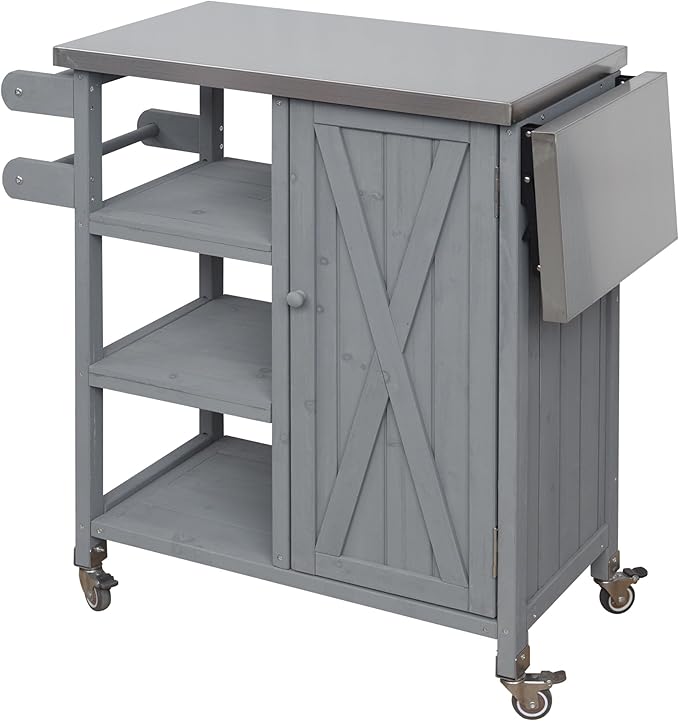 MERITLINE Foldable Outdoor Kitchen Island with Stainless Steel Top, Lockable Rolling Casters & Towel Rack, Mobile BBQ Prep Cart with Open Shelves and Hidden Cabinet for Patio, Balcony, Grey