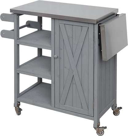 MERITLINE Foldable Outdoor Kitchen Island with Stainless Steel Top, Lockable Rolling Casters & Towel Rack, Mobile BBQ Prep Cart with Open Shelves and Hidden Cabinet for Patio, Balcony, Grey