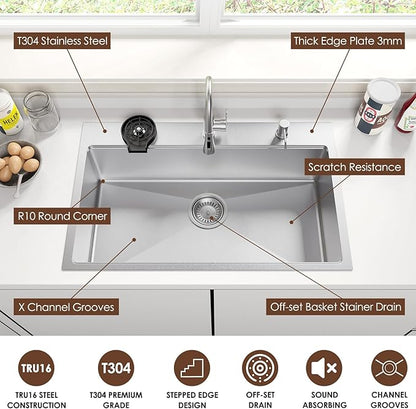 33x22 Inch Kitchen Sink Black Drop In Stainless Steel Kitchen Sinks 16 Gauge Single Bowl Workstation Luxury Top Mount Sink with 6 Accessories Include Glass Rinser (Brushed Nickel)