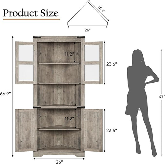 GarveeHome 67 in Tall Corner Storage Cabinet with Lights, Farmhouse Corner Hutch Display Cabinet with Glass Doors, Wooden Storage Organizer for Kitchen, Living Room, Bathroom, Washed Grey