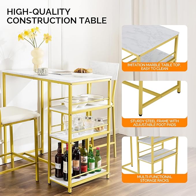 VINGLI Dining Table Set for 2, Kitchen Breakfast Counter Height Small 3 Piece Bar Table and Chairs Set with Storage, White Imitation Marble, Golden Frame