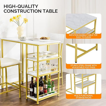 VINGLI Dining Table Set for 2, Kitchen Breakfast Counter Height Small 3 Piece Bar Table and Chairs Set with Storage, White Imitation Marble, Golden Frame
