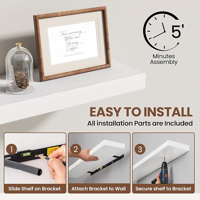 Acovy 36 Inch Floating Shelves for Wall 2 Pack, 36" Wall Shelves for Books, Storage, Decor, Wall Mounted Floating Shelf with Invisible Brackets for Kitchen, Living Room, White