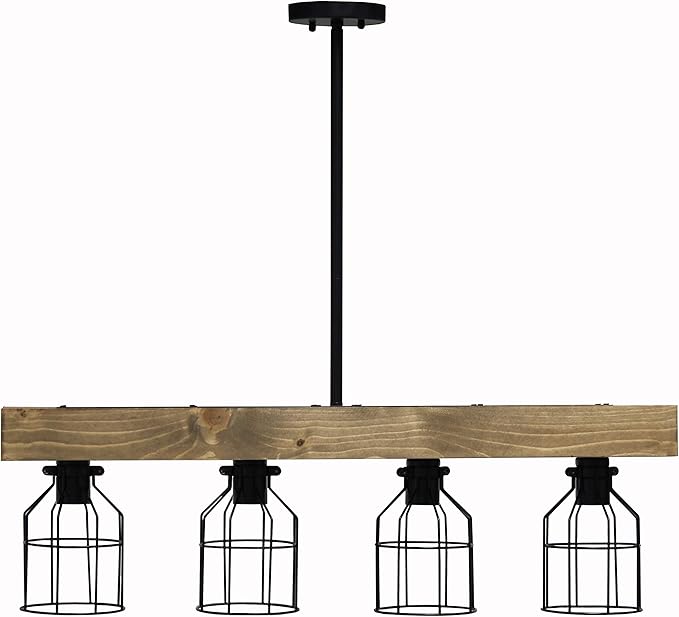 Elegant Designs CH1001-RWD 4 Light Rustic Farmhouse Industrial Wired Cage Pendant Island Light Chandelier, Restored Wood
