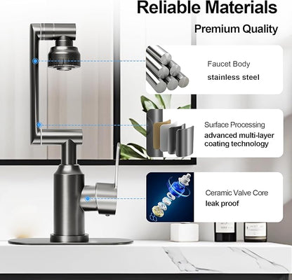 Bathroom Sink Faucet, FunnyAir Stainless Steel 1080° Rotatable Faucet for Sink 1 Hole or 3 Holes, Modern Style Single Handle Bathroom Faucets with Hot and Cold Hoses, Grey