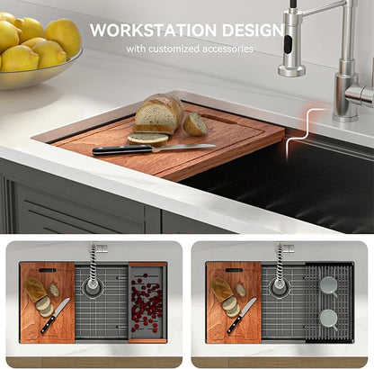 Lordear 33 Black Kitchen Sink Undermount Honeycomb Nano Finish 16 Gauge T304 Stainless Steel Single Bowl Workstation Sink with Cutting Boards Handmade