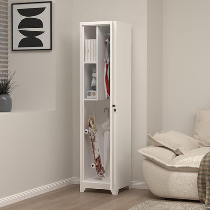 Slim Broom Storage Cabinets, Metal Cabinet with Shelves and Hanging Rod, 15.75" W Utility Storage Cabinet with Locking Door, Slim Cabinet for Small Spaces, Kitchen, Pantry, Office, Shop