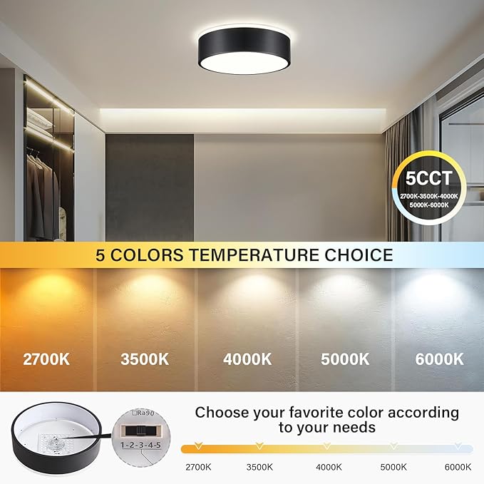 Dimmable LED Flush Mount Ceiling Light Fixture,Modern Black Round Ceiling Light,5CCT 2700K-6000K Metal Lighting for Bedroom Kitchen Hallway Laundry Room Entryway Bathroom-11.8in