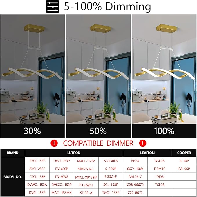 Modern Kitchen Pendant Light Over Island Gold LED Pendant Lights 6000K Adjustable Hanging Light Fixture Wave Shape Chandelier for Dining Room Kitchen Island Restaurant Living Room
