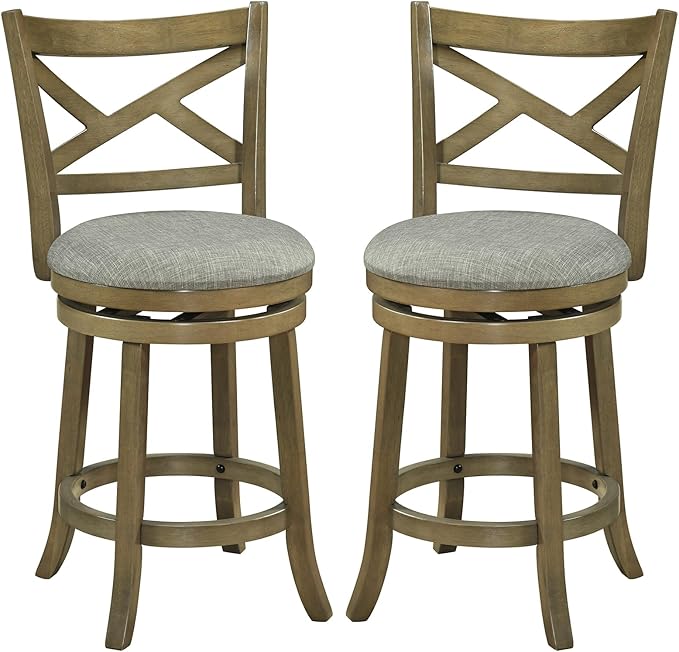 Giantex Wood Swivel Bar Stools Set of 2, 25" Upholstered Counter Height Bar Stools with X Back, Linen Cushioned Seat, Farmhouse Armless Wooden Barstools for Kitchen Island Dining Room, Grey