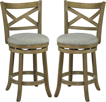 Giantex Wood Swivel Bar Stools Set of 2, 25" Upholstered Counter Height Bar Stools with X Back, Linen Cushioned Seat, Farmhouse Armless Wooden Barstools for Kitchen Island Dining Room, Grey