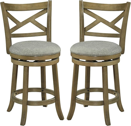 Giantex Wood Swivel Bar Stools Set of 2, 25" Upholstered Counter Height Bar Stools with X Back, Linen Cushioned Seat, Farmhouse Armless Wooden Barstools for Kitchen Island Dining Room, Grey