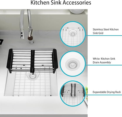 White Bar Sink, White Granite Composite Kitchen Sinks With Accessories, 17 Inch Undermount Quartz Stone Kitchen Sinks, 17" x 19" x 10" Small Kitchen Sink used for RV, Bar, Outdoor and Wet Bar