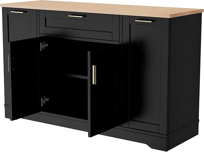 Multi-Functional Storage Sideboard with Extendable Dining Table, Black Kitchen Island Cabinet with 3-Tier Pull-Out Rack and Adjustable Shelves for Kitchen, Dining Room, Living Room,BlackParticleBoardM