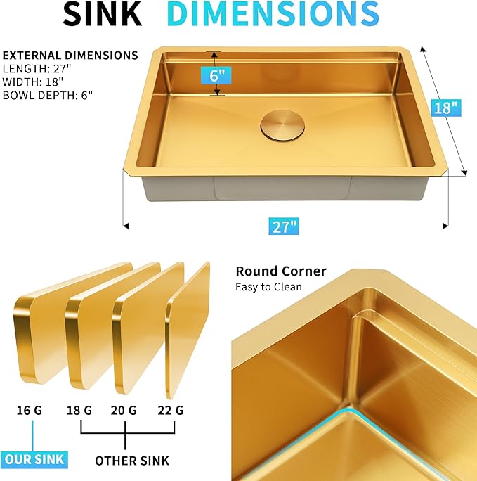 Gold Undermount Kitchen Sink, 16 Guage 304S Stainless Steel Workstation Sinks with Ledge & Accessories, 27" x 18" x 6" ADA-Compliant Single Bowl Kitchen Sinks, 6 Inch Depth RV Kitchen Sink