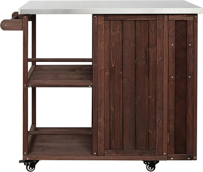 MERITLINE Outdoor Kitchen Island with Stainless Steel Top, Lockable Wheels & Towel Rack, Mobile BBQ Prep Cart with Hidden Cabinet, Drawer, Shelves for Patio, Garden, Backyard, Dark Brown