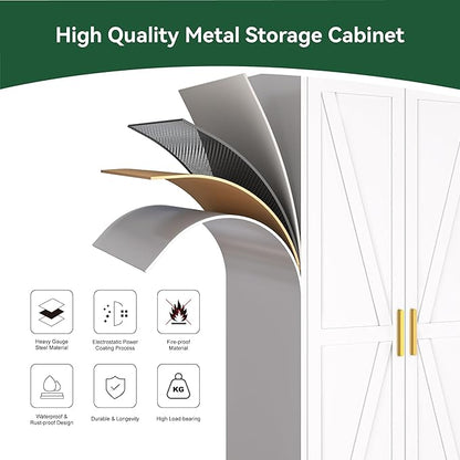 Bevivog 71" Kitchen Pantry Cabinet, Metal Storage Cabinet with 2 Doors and 4 Adjustable Shelves, Farmhouse Tall Metal Pantries Cabinets Storage for Kitchen, Home Office, Living Room, Laundry