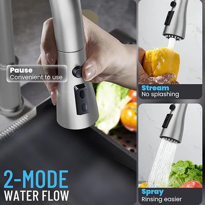 3 Hole Kitchen Faucets, Brushed Nickel Kitchen Faucet with Soap Dispenser, Kitchen Faucets with Pull Down Sprayer and Single Side Handle 3 Pieces, Stainless Steel High Arc Kitchen Sink Faucet