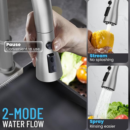3 Hole Kitchen Faucets, Brushed Nickel Kitchen Faucet with Soap Dispenser, Kitchen Faucets with Pull Down Sprayer and Single Side Handle 3 Pieces, Stainless Steel High Arc Kitchen Sink Faucet