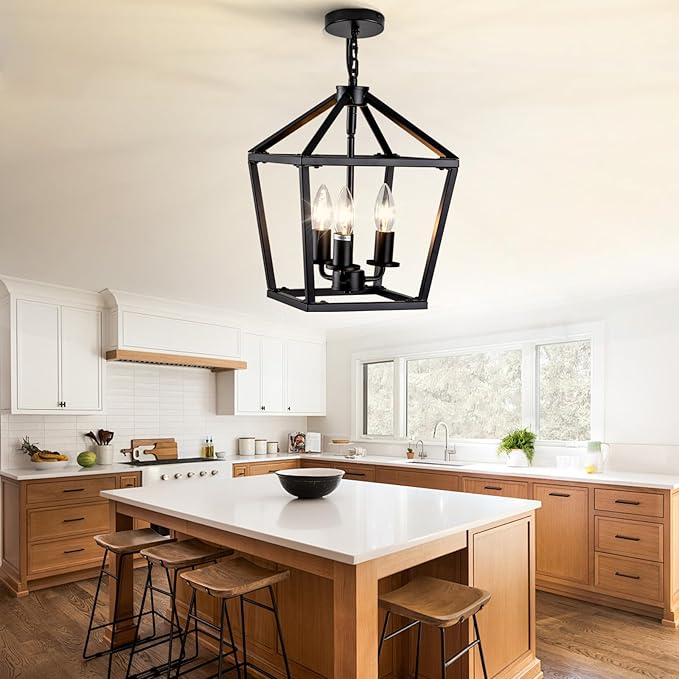 3-Light Black Pendant Lights Kitchen Island, 11 Inch Farmhouse Pendant Light, Adjustable Height Iron Lantern Black Pendant Light Fixtures, Cage Farmhouse Chandelier Island Lights for Kitchen Foyer