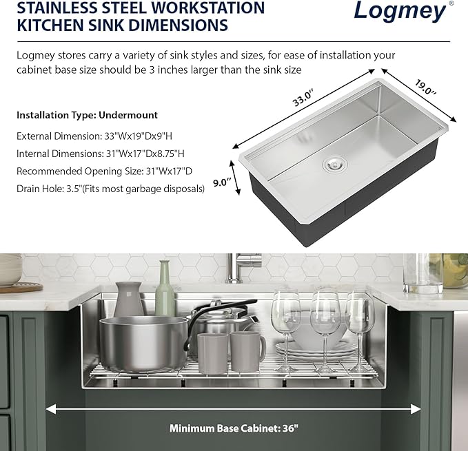 Logmey 33" Undermount Kitchen Sink Workstation 33x19 SUS304 16 Gauge Stainless Steel Under Counter Single Bowl Kitchen Sinks 33x19x9 Inch