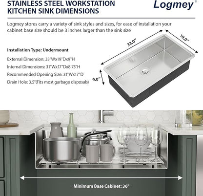 Logmey 33" Undermount Kitchen Sink Workstation 33x19 SUS304 16 Gauge Stainless Steel Under Counter Single Bowl Kitchen Sinks 33x19x9 Inch