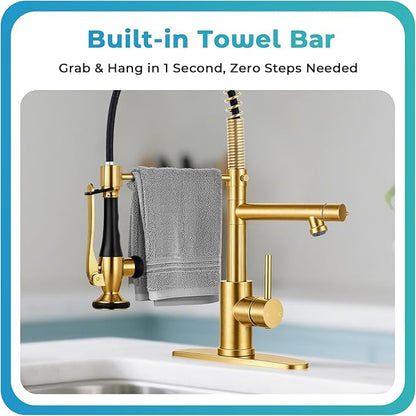 Kitchen Faucet with Pull Down Sprayer - Brushed Gold Single Handle Commercial Kitchen Faucets, 2-Spout Stainless Steel Spring Pull Out Kitchen Sink Faucet 1/3 Hole with Deck Plate