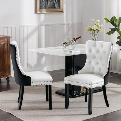 Dining Chairs Set of 2, PU Leather Upholstered Dining Room Side Chairs with Button Tufted Back, Nailhead Trim & Wooden Legs, Modern Counter Height Bar Stools for Home Kitchen Island, White+Black