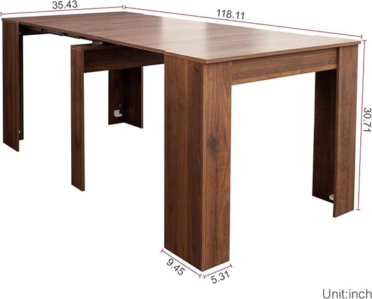 118" Extendable Island Table, Rustic Dining Table with Easy Clean, Mid Century Dining Table for Kitchen Dining Living Room, Walnut