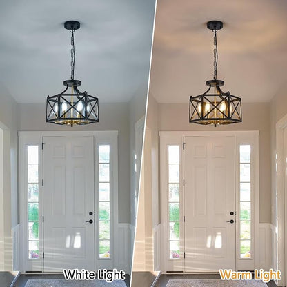 6-Light Black and Brushed Gold Pendant Light, Modern Farmhouse Chandeliers for Dining Room, Adjustable Metal Cage Hanging Light, Vintage Geometric Pendant Lighting for Kitchen Entryway Foyer